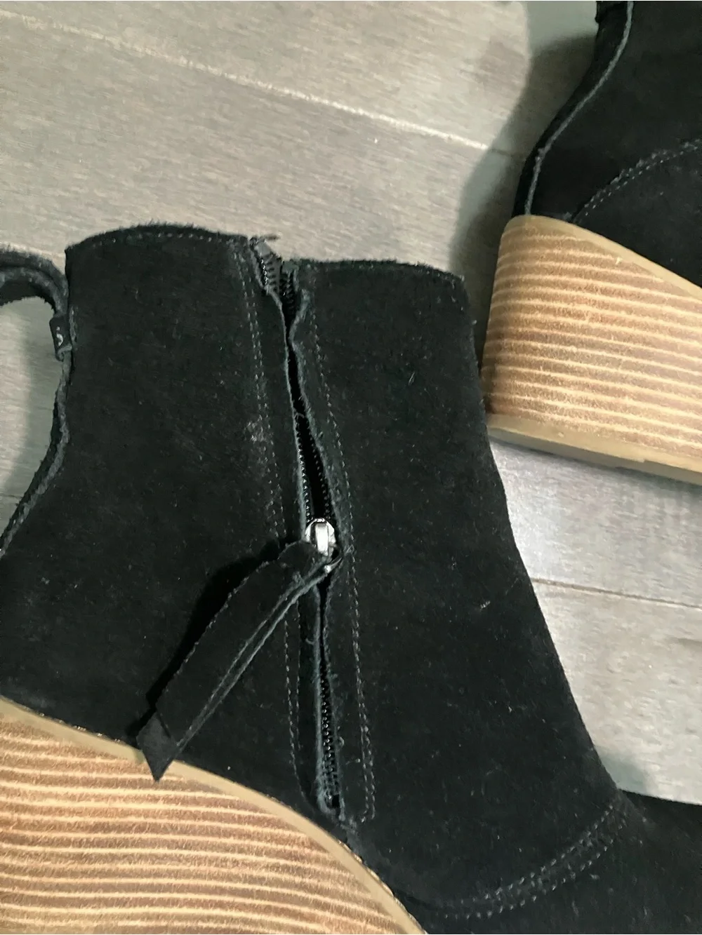 Tom’s Black Suede Wedge Booties size 9 with Stacked Wood Heel